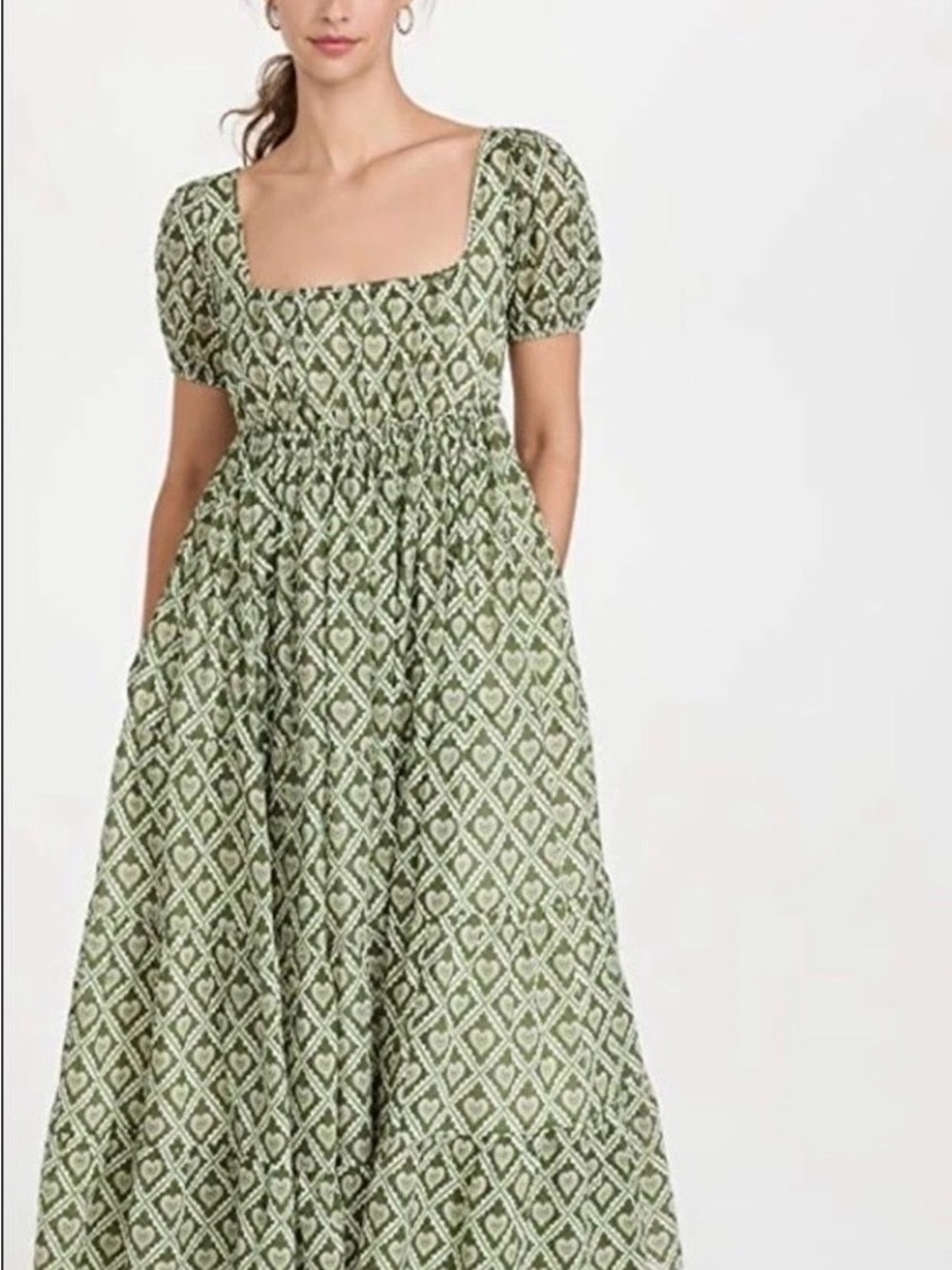 RHODE Green Diamond-Print Square-Neck Maxi Dress with Puff Sleeves